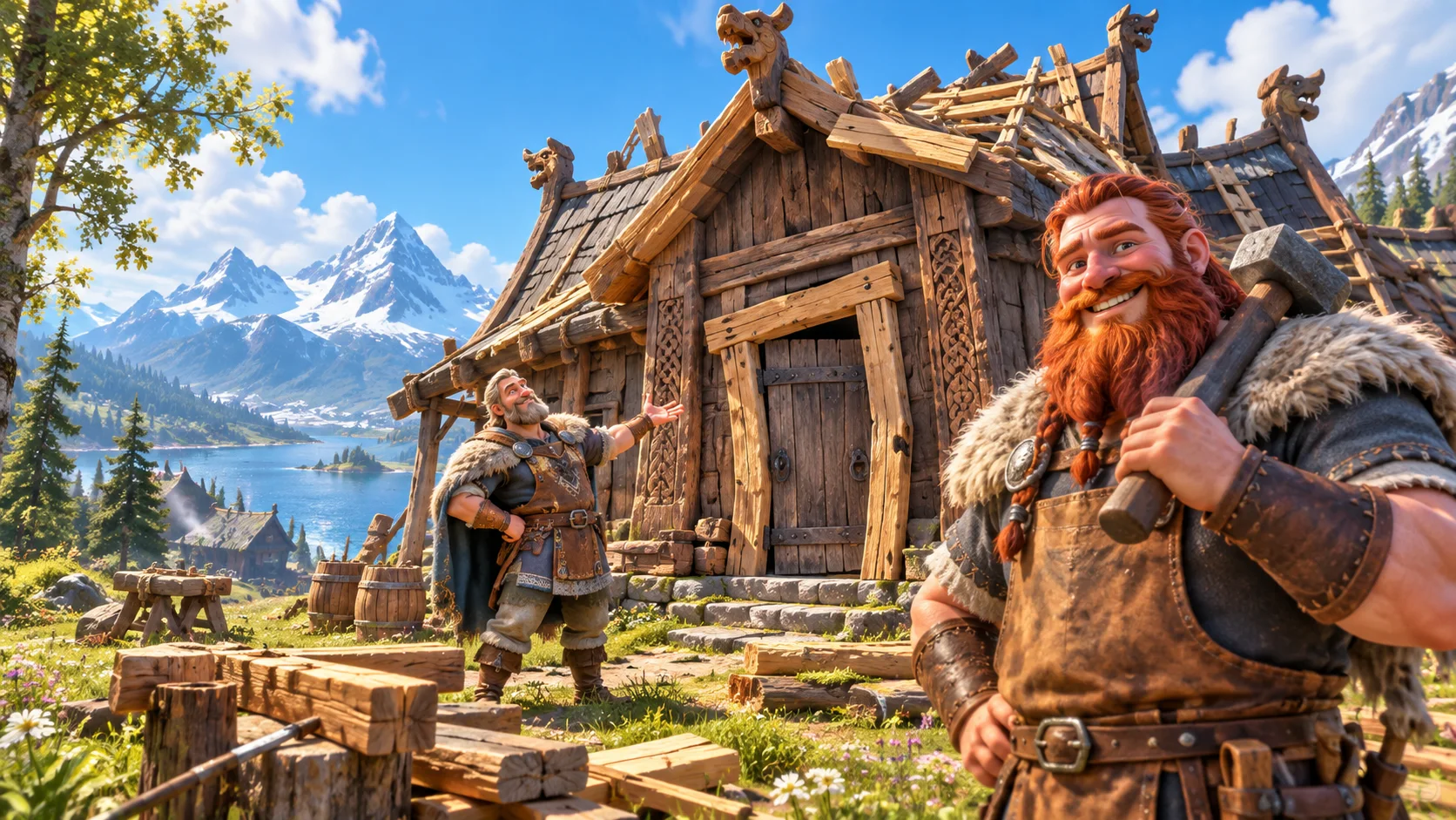 Sunny promotional concept art of Viking builders proudly inspecting a questionable timber home